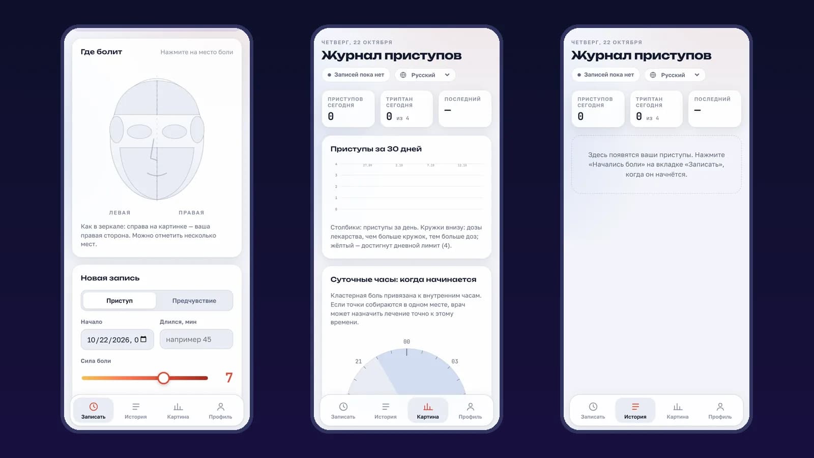 Дневник на телефоне: схема головы и графики