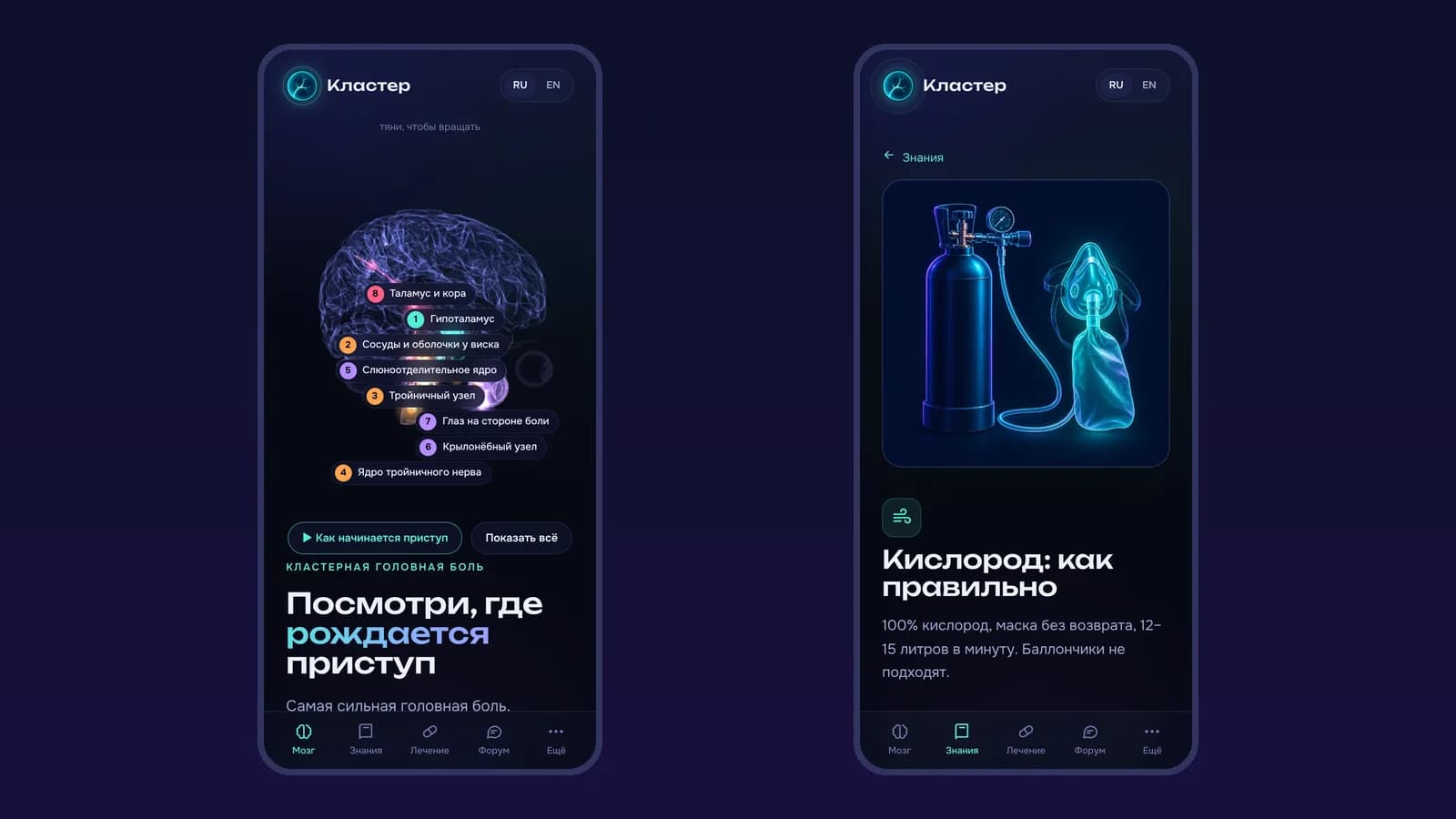 На телефоне: главная с 3D-мозгом и статья про кислород